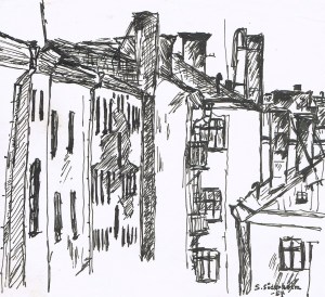 Teckning /Drawing 1957 Utsikt mot gården  /View  to the backyard